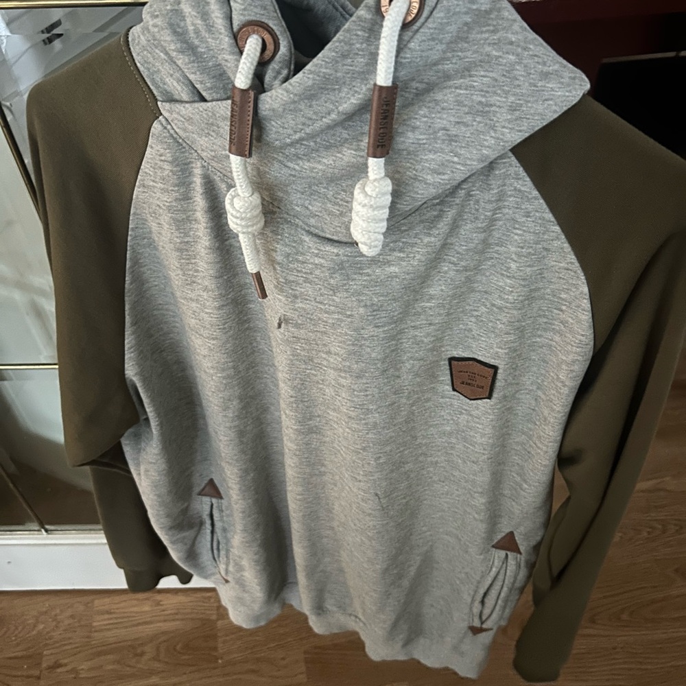 Gray and Olive Hoodie with Rope Drawstrings